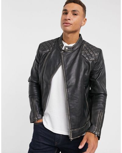 BOLONGARO TREVOR Mens Black Distressed Heavy Leather Motorcycle Jacket Size M