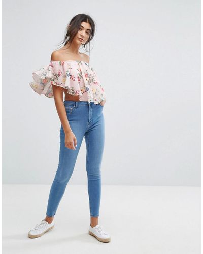 Bershka Synthetic Floral Printed Off The Shoulder Top in Pink - Lyst