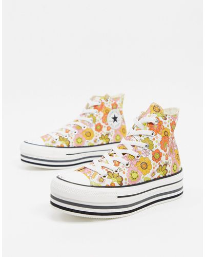 Converse Rubber Chuck Taylor - Gelaagde Hoge Plateausneakers Met  Bloemenprint in het Metallic - Lyst