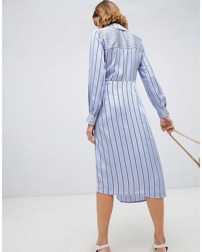 Warehouse Wrap Dress With Tie Side In Blue Stripe | Lyst