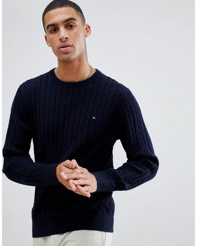 Tommy Hilfiger Classic Cotton Cable Knit Crewneck Jumper Flag Logo In Navy Marl in Blue for Men 