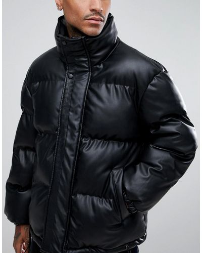Mennace Puffer Jacket In Leather Look in Black for Men - Lyst