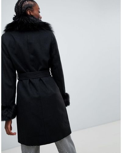 New Look Faux Fur Trim Coat in Black - Lyst