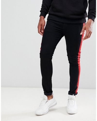 ASOS Denim Super Skinny Jeans In Black With Red Side Stripe for Men - Lyst