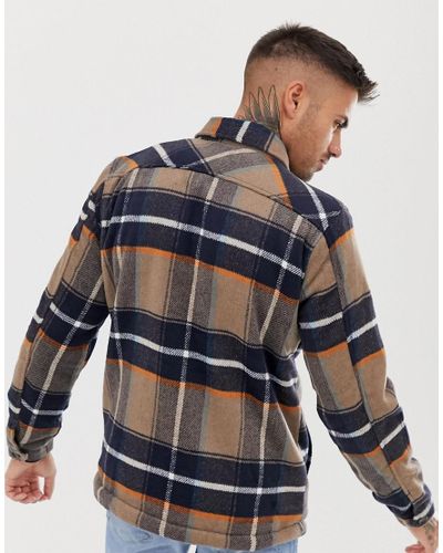 Pull&Bear Denim Fleece Lined Check Jacket In Tan in Blue for Men 