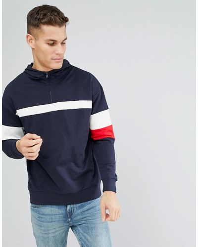 Only & Sons Denim Hoodie With Half Zip And Colour Blocking in Navy ...