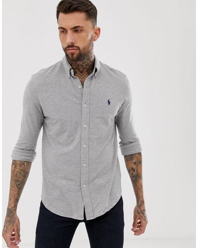 Polo Ralph Lauren Slim Fit Pique Shirt Player Logo Button Down In Grey Marl  Online, SAVE 38% - aveclumiere.com