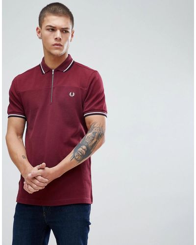 Fred Perry Zip Neck Pique Polo In Burgundy in Red for Men | Lyst
