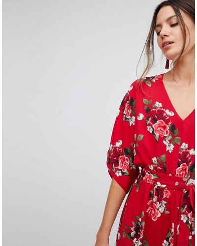 Y.A.S Leather Floral Maxi Kimono Dress in Red - Lyst
