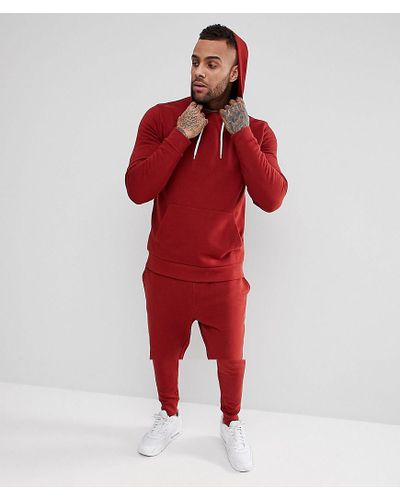 ASOS Denim Tracksuit Hoodie/tapered Joggers In Red for Men - Lyst
