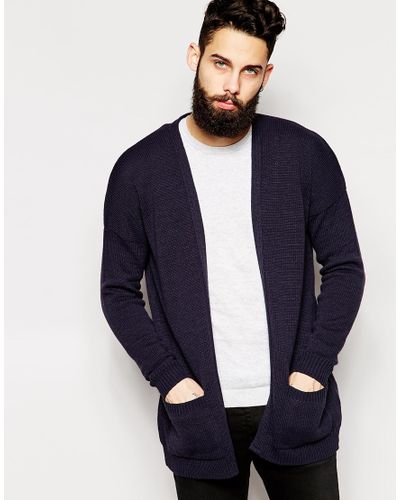ASOS Longline Cardigan With Open Front in Navy (Blue) for Men - Lyst