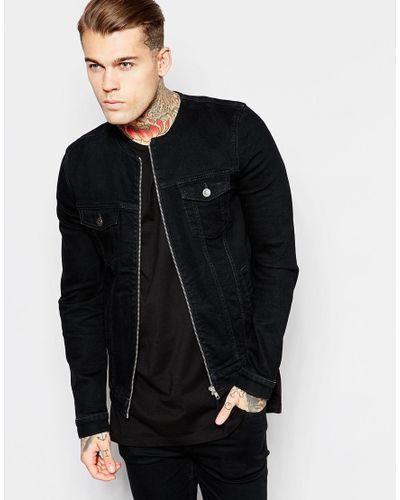 collarless denim jacket mens