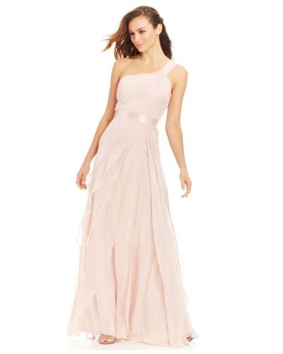 Adrianna Papell Petite One-Shoulder Tiered Chiffon Gown in Blush (Pink ...