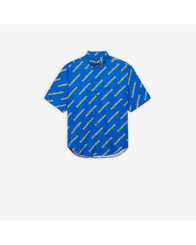 Balenciaga Allover Sporty Logo Large Fit Short Sleeve Shirt in Blue 