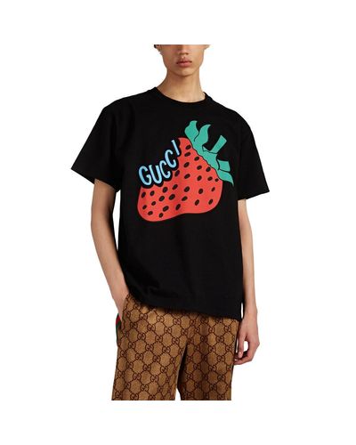 Gucci Strawberry Logo Cotton T-shirt in Black for Men - Lyst