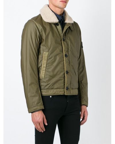 Stone Island Faux Fur Collar Bomber Jacket in Green for Men - Lyst