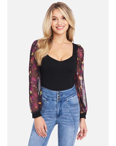 Bebe Chiffon Long Sleeves Sweetheart Neck Top In Black Lyst