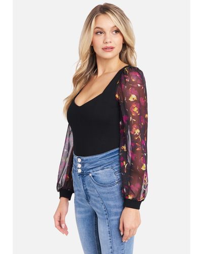Bebe Chiffon Long Sleeves Sweetheart Neck Top In Black Lyst