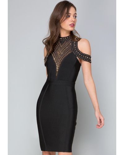 Bebe Synthetic Studded Cold Shoulder Dress In Black Gold Black Lyst
