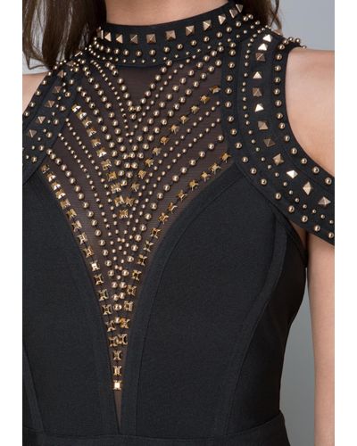 Bebe Synthetic Studded Cold Shoulder Dress In Black Gold Black Lyst