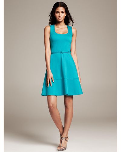 Banana Republic Belted Ponte Fit-And-Flare Dress in Blue - Lyst
