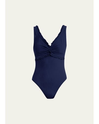 Karla Colletto Ruffle Twist V-neck Silent Underwire One-piece Swimsuit - Blue