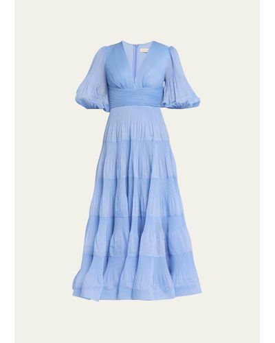 Zimmermann Pleated Puff-sleeve Midi Dress - Blue