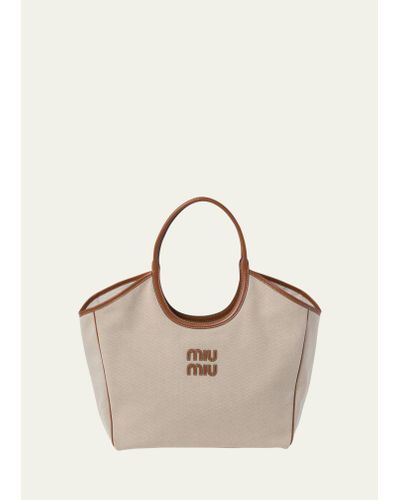 Miu Miu Logo Canvas & Leather Shoulder Bag - Natural