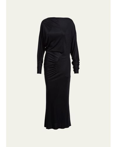 Khaite Oron Long-sleeve Asymmetric Gathered Maxi Dress - Black