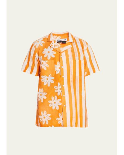 Studio 189 Batik Daisy And Stripe Camp Shirt - Orange