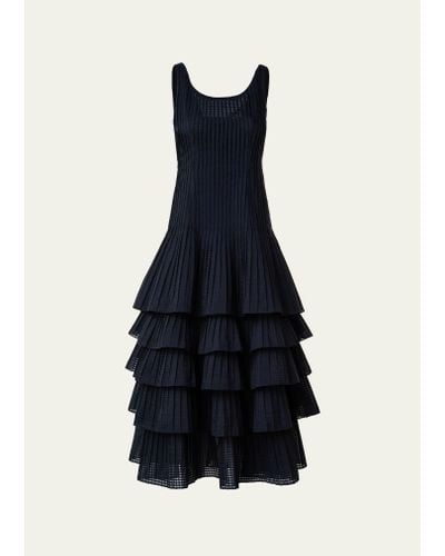 Akris Organza Grid Midi Dress With Plisse Layer Skirt - Blue