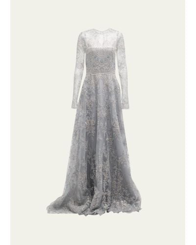 Naeem Khan Tattoo Lace Gown With Sheer Overlay - Gray