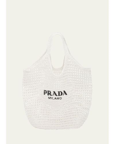 Prada Triangle Logo Net Raffia Shopper Tote Bag - Natural
