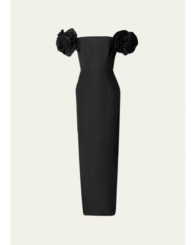 Carolina Herrera Off Shoulder Column Gown With Flower Detail - Black