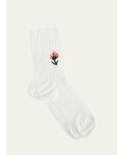 Maria La Rosa Ribbed Floral-embroidered Cotton Crew Socks - Natural