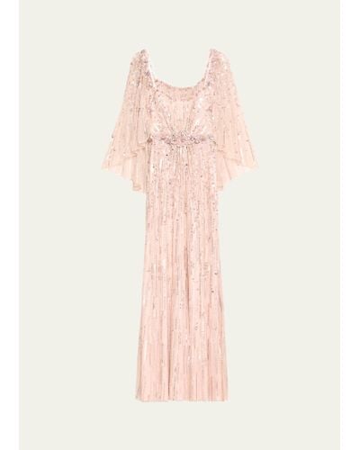 Jenny Packham Brightstar Crystal Sequined Floral Applique Backless Dress - Pink