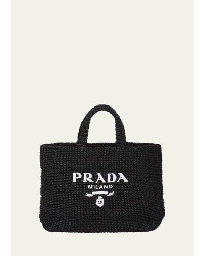 Prada Logo Striped Raffia Shoulder Bag - Black