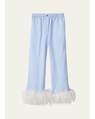 Miu Miu Cotton Pinstripe Feather-trim Pants - Blue