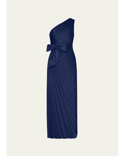 MILLY Estelle Bow-front Pleated One-shoulder Satin Maxi Dress - Blue