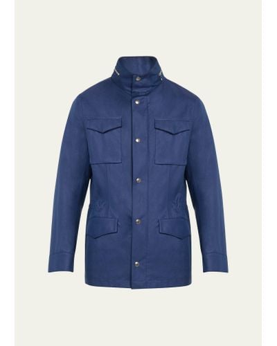Brunello Cucinelli Linen-silk Concealed Zip Safari Jacket - Blue