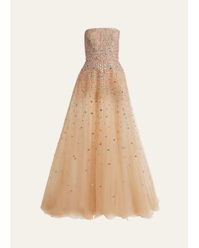 Elie Saab Long Studded Strapless Gown - Natural