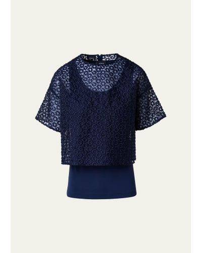 Akris St. Gallen Embroidered Organza Cropped Blouse - Blue