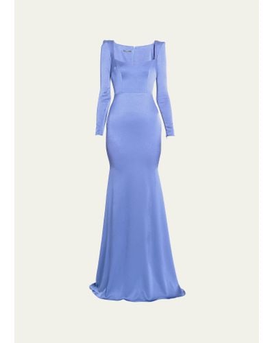 Alex Perry Satin Crepe Angled Portrait Long-sleeve Gown - Blue