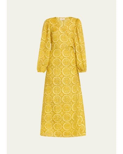 Hannah Artwear Luna Puff-sleeve Silk Habotai Maxi Wrap Dress - Yellow