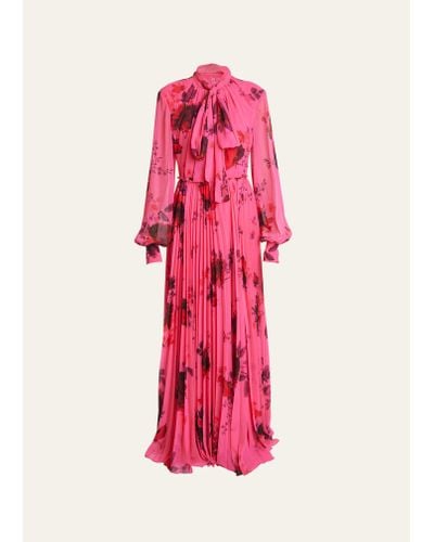 Erdem Floral Scarf-neck Pleated Gown - Pink