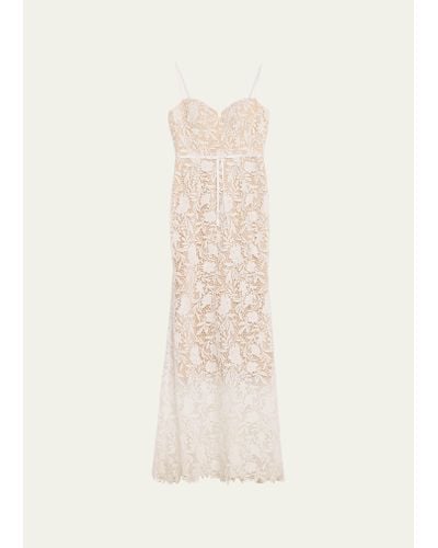 Marchesa Sleeveless Floral Lace Sweetheart Gown - Natural