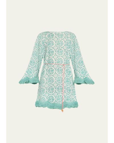Hannah Artwear Sienna Fringed Block-print Linen Mini Dress - Blue