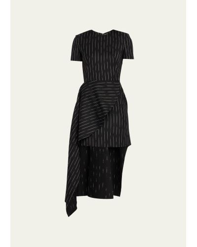 Alexander McQueen Pinstripe Mini Dress With Long Asymmetric Hem - Black