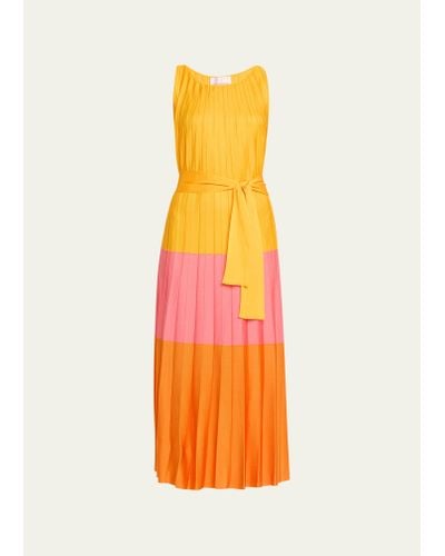 Carolina Herrera Colorblock Pleated Knit Maxi Dress With Tie Belt - Orange