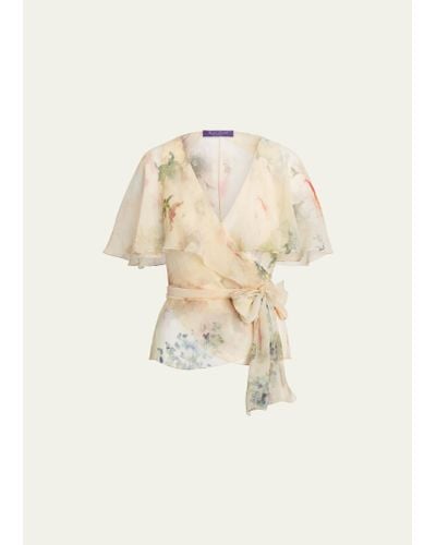 Ralph Lauren Collection Amilea Floral Watercolor Flutter-sleeve Silk Wrap Top - Natural
